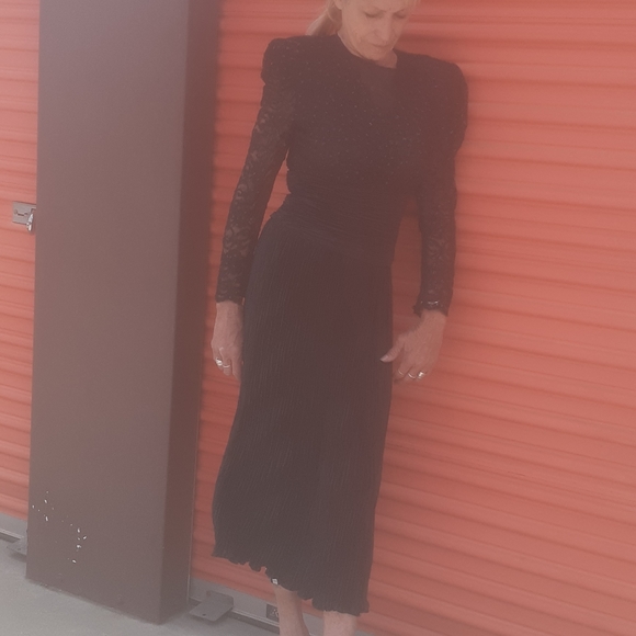 Vtg 80s I magnin Midi lace sequin Bodice dress Plunge V Micro pleats Maxi Gown - Picture 8 of 11